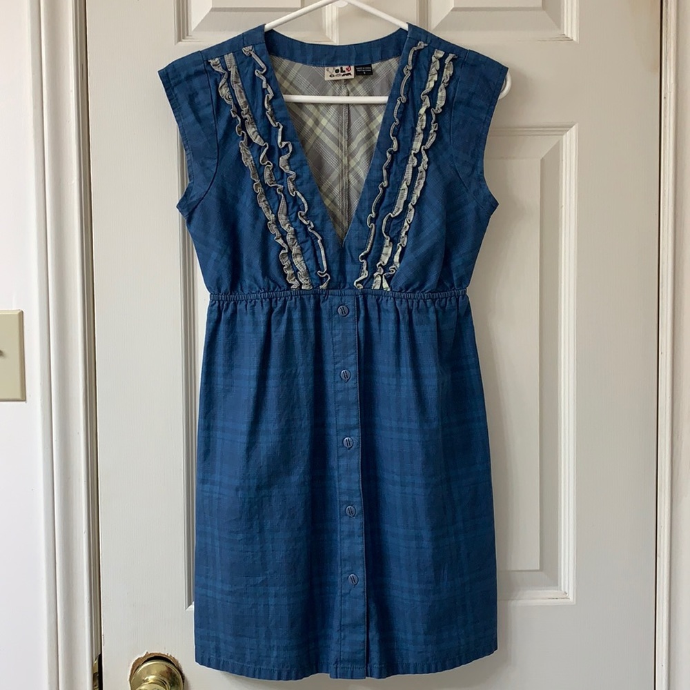🌷3 for$25🌷Volcom, US S, Blue & Grey Plaid Ruffle Front V-Neck Tunic/Mini Dress